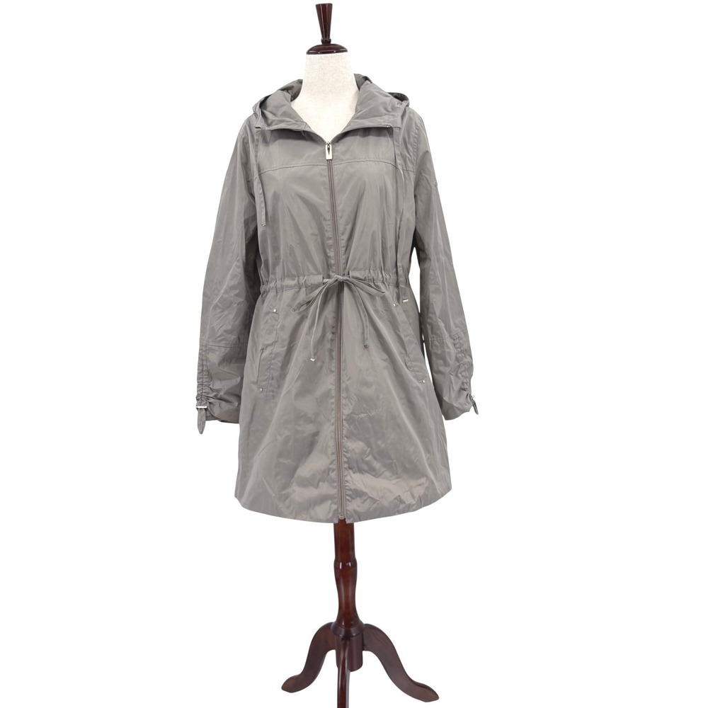 Via Spiga Hooded Anorak Rain Jacket‎ Taupe Gold Cinched Waist Ruched Cuff L